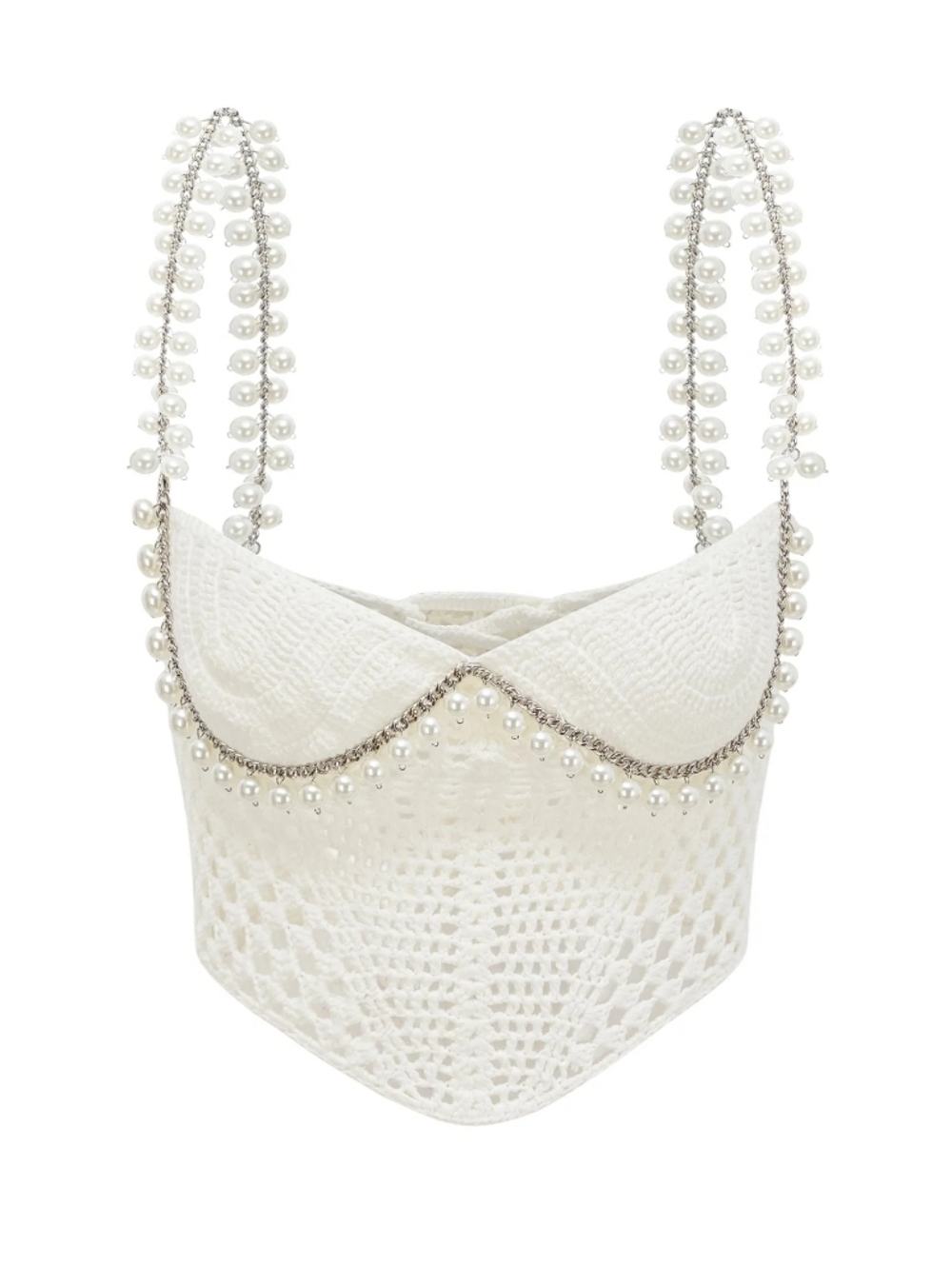 Boho Festival White Crochet Knit Pearl Jewel Embellished Strap Crop Top ONE SIZE
